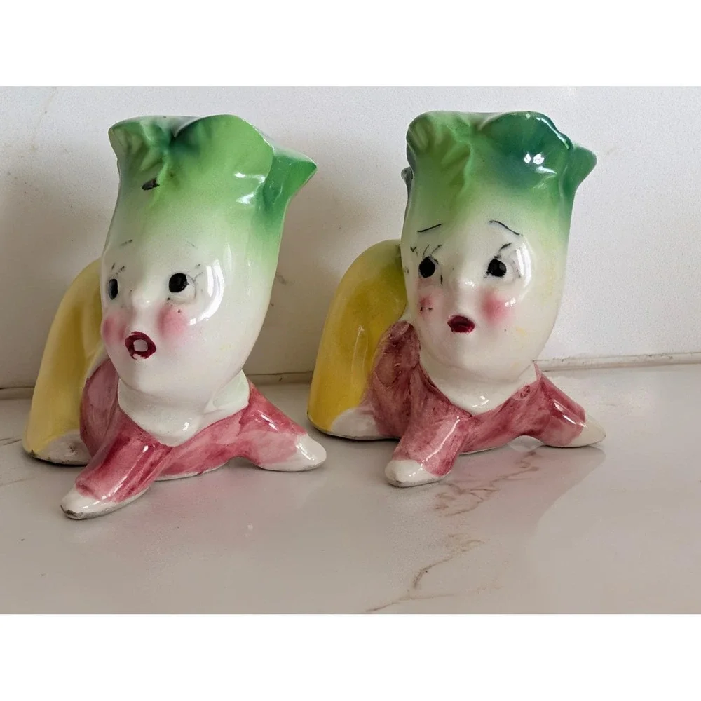 Vintage Anthropomorphic Vegetable Salt and Pepper Shakers Ceramic Mid Century